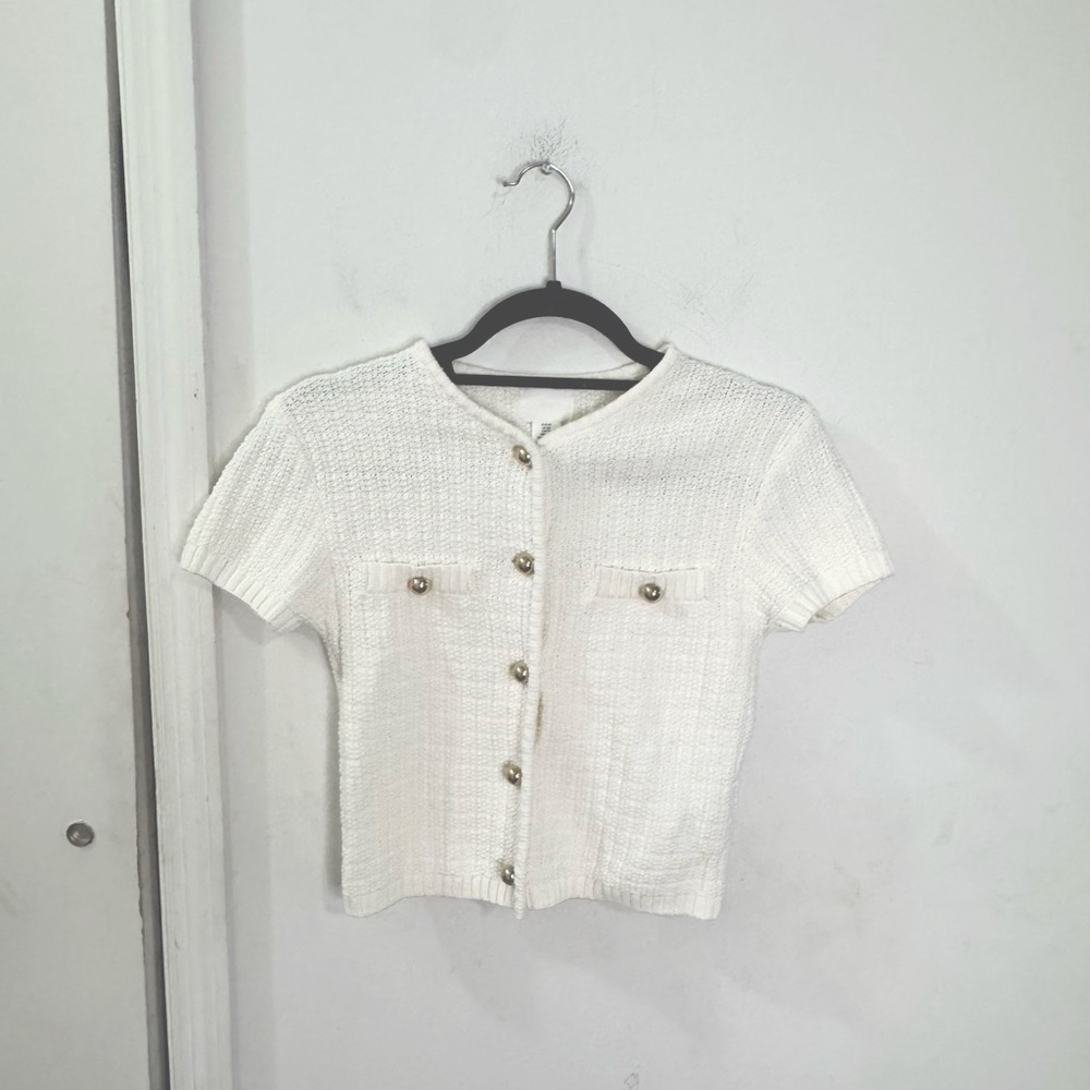 H&M Structured Knit Short Sleeve Cardigan, white, gold buttons, size XS